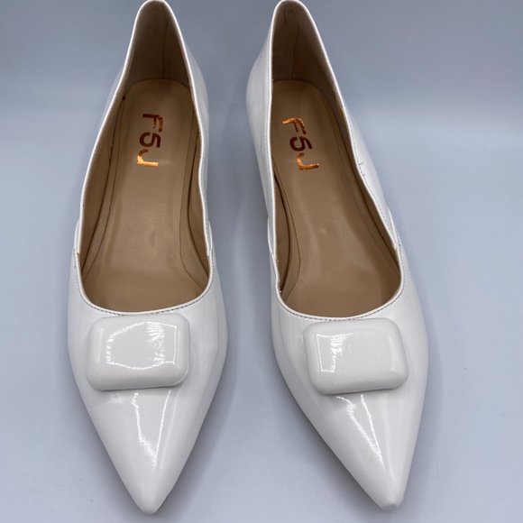 FSJ White Pointy Toe Flats Low Heel Slip On Casual - Picture 2 of 10